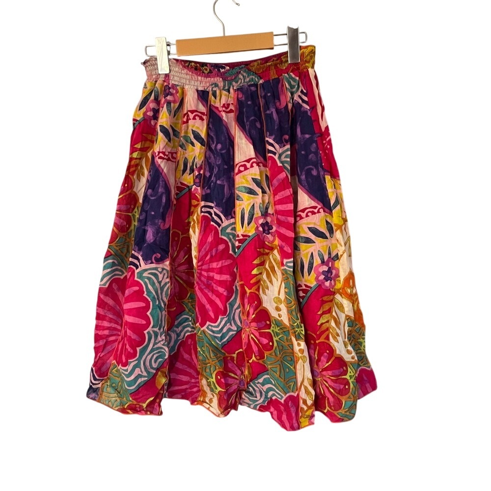 T.U. Floral Patchwork Midi Skirt Pink Purple Multi Smocked Waist Boho Women OS